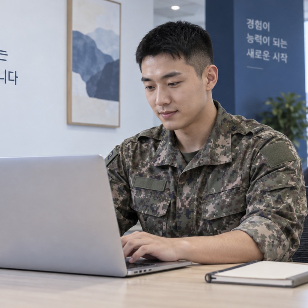 노트북으로 직무 정보를 탐색하는 장병 - 직무 탐색