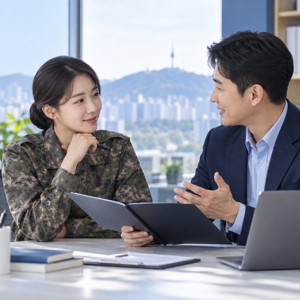 컨설턴트와 취업 상담을 나누는 장병 - 취업 준비